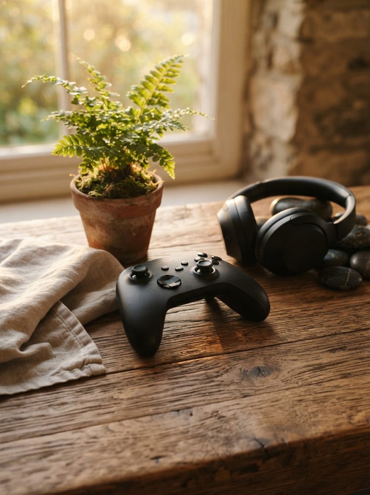 Comando de jogos preto e auscultadores sobre mesa de madeira junto a planta em vaso