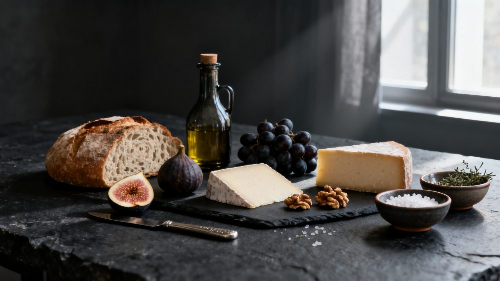 Mesa com queijos, pão rústico, figos, nozes, uvas e azeite numa luz natural suave