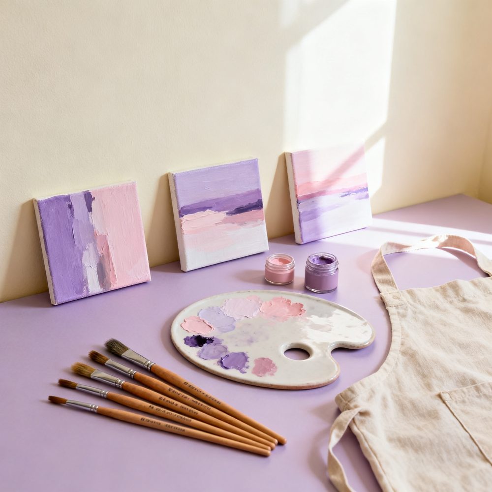 Três telas em tons lilás e rosa com pincéis, paleta de pintura e avental sobre mesa lilás iluminada
