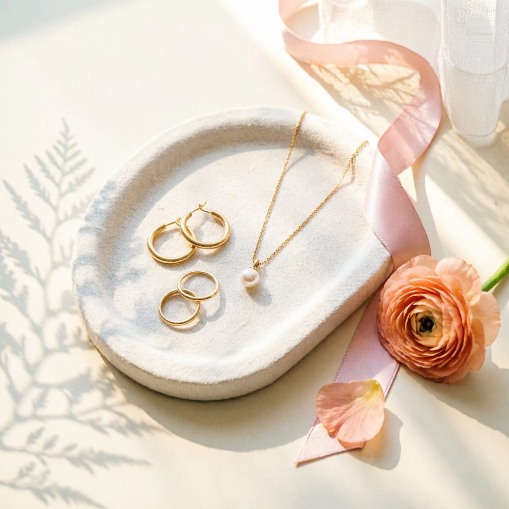 Joias douradas com argolas e colar de pérola numa bandeja com flor e fita rosa