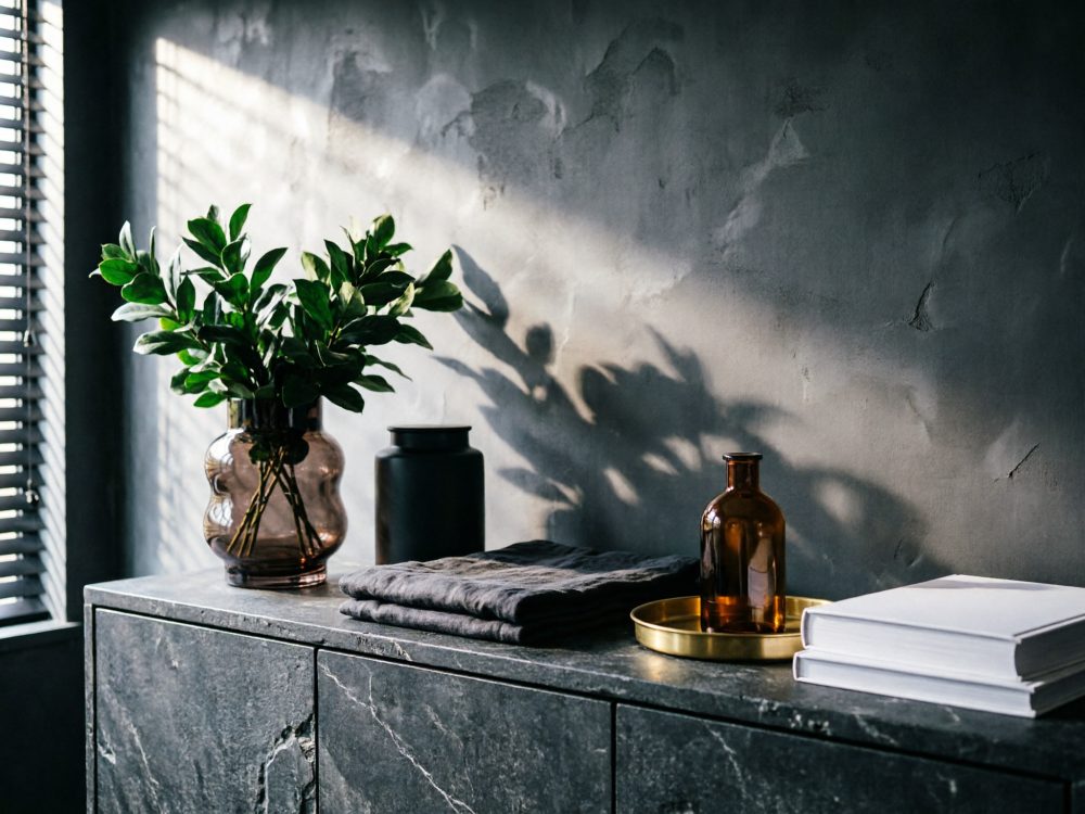Aparador em mármore com vaso de plantas verdes, livros brancos e diversos objetos decorativos sob luz suave