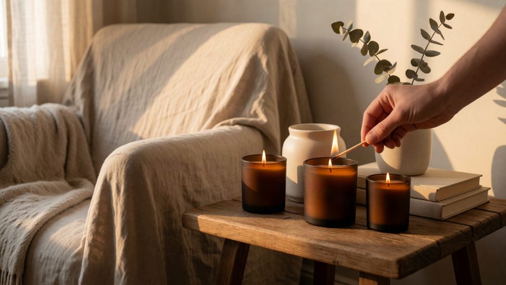 Três velas acesas em frascos marrons numa mesa de madeira com poltrona clara ao lado
