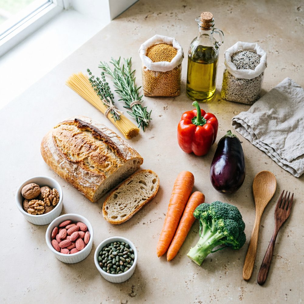 Ingredientes saudáveis dispostos em bancada com pão, legumes frescos, nozes, azeite e ervas