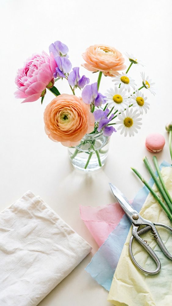 Bouquet com peónias, ranúnculos, margaridas e flores lilases em jarro de vidro com tesoura e tecidos coloridos