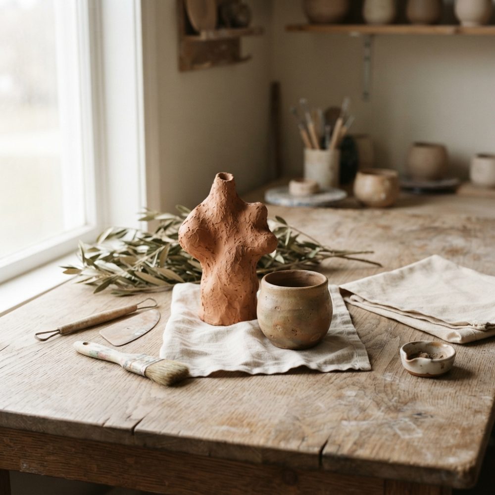 Vaso em barro abstrato e recipiente cerâmico sobre mesa rústica com pincéis e ferramentas