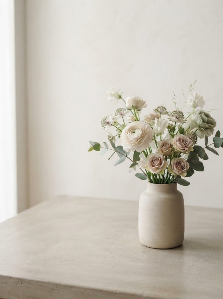 Arranjo de flores brancas e creme em vaso cerâmico sobre mesa clara