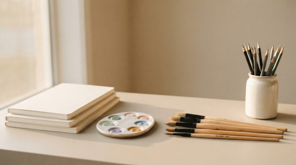 Mesa com blocos de notas, paleta de tintas, pincéis e lápis num frasco cerâmico