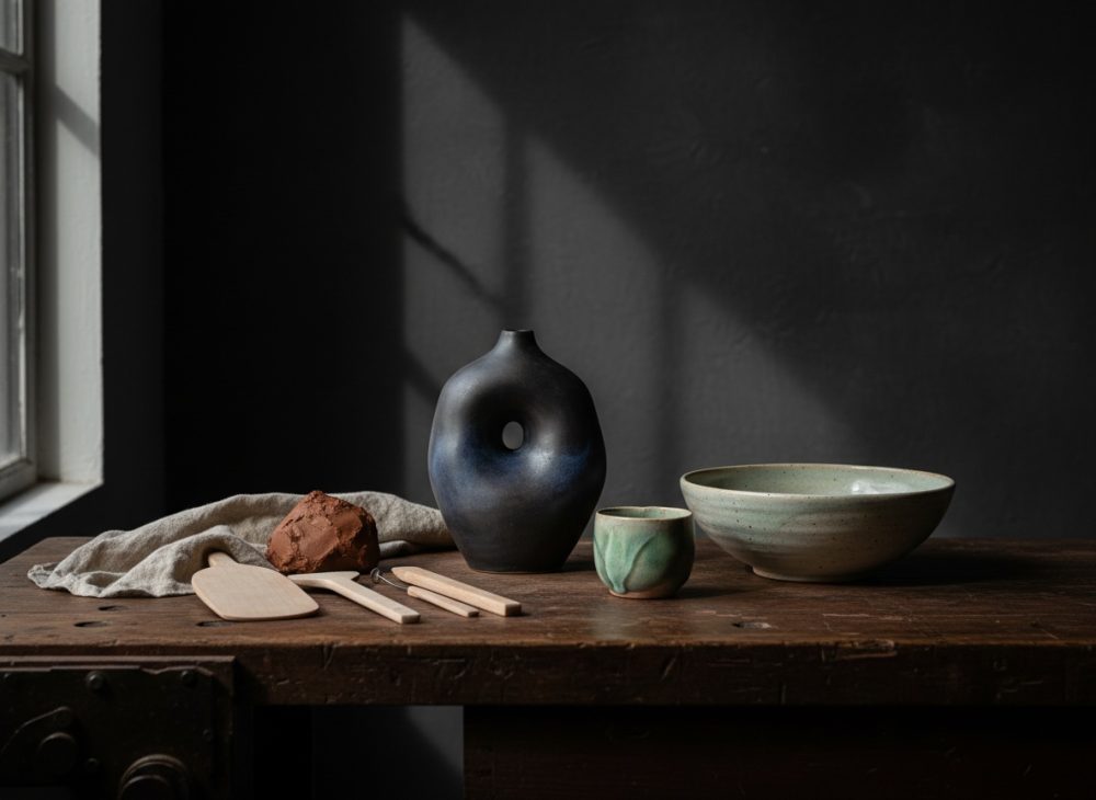 Mesa de madeira com cerâmica artesanal, ferramentas de modelagem e iluminação natural suave