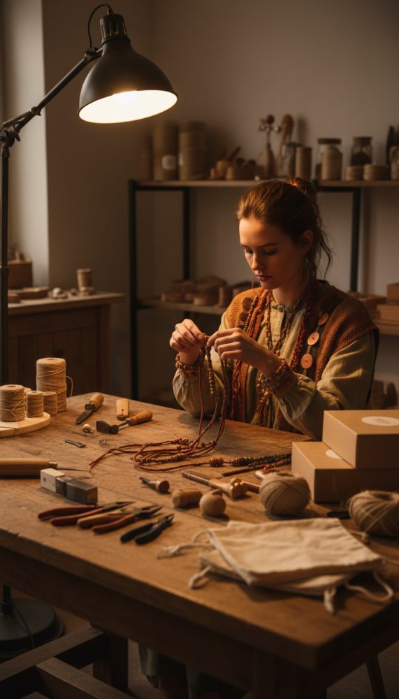 Mulher a fazer bijutaria artesanal numa mesa de madeira com materiais e ferramentas