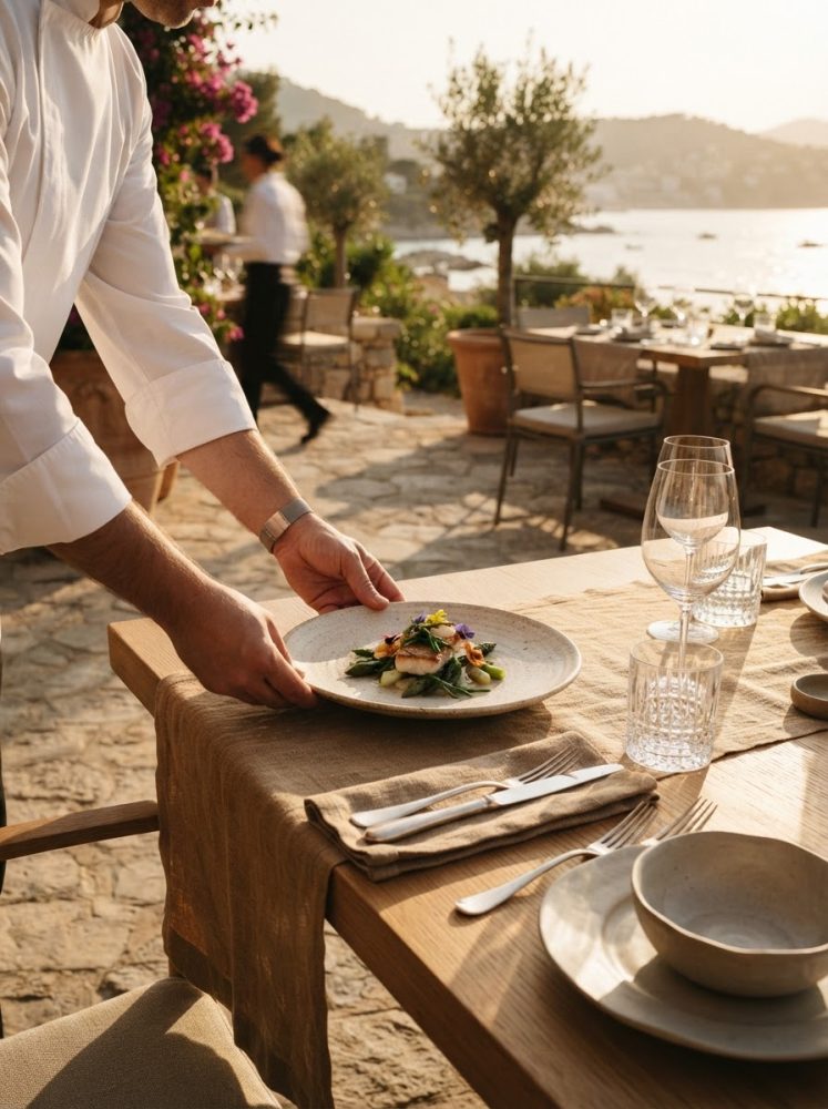Empregado a servir prato gourmet numa mesa posta ao ar livre com vista para o mar.