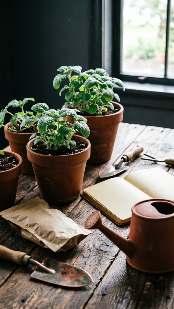 Vasos de barro com plantas verdes, regador, ferramentas de jardinagem e caderno sobre mesa de madeira