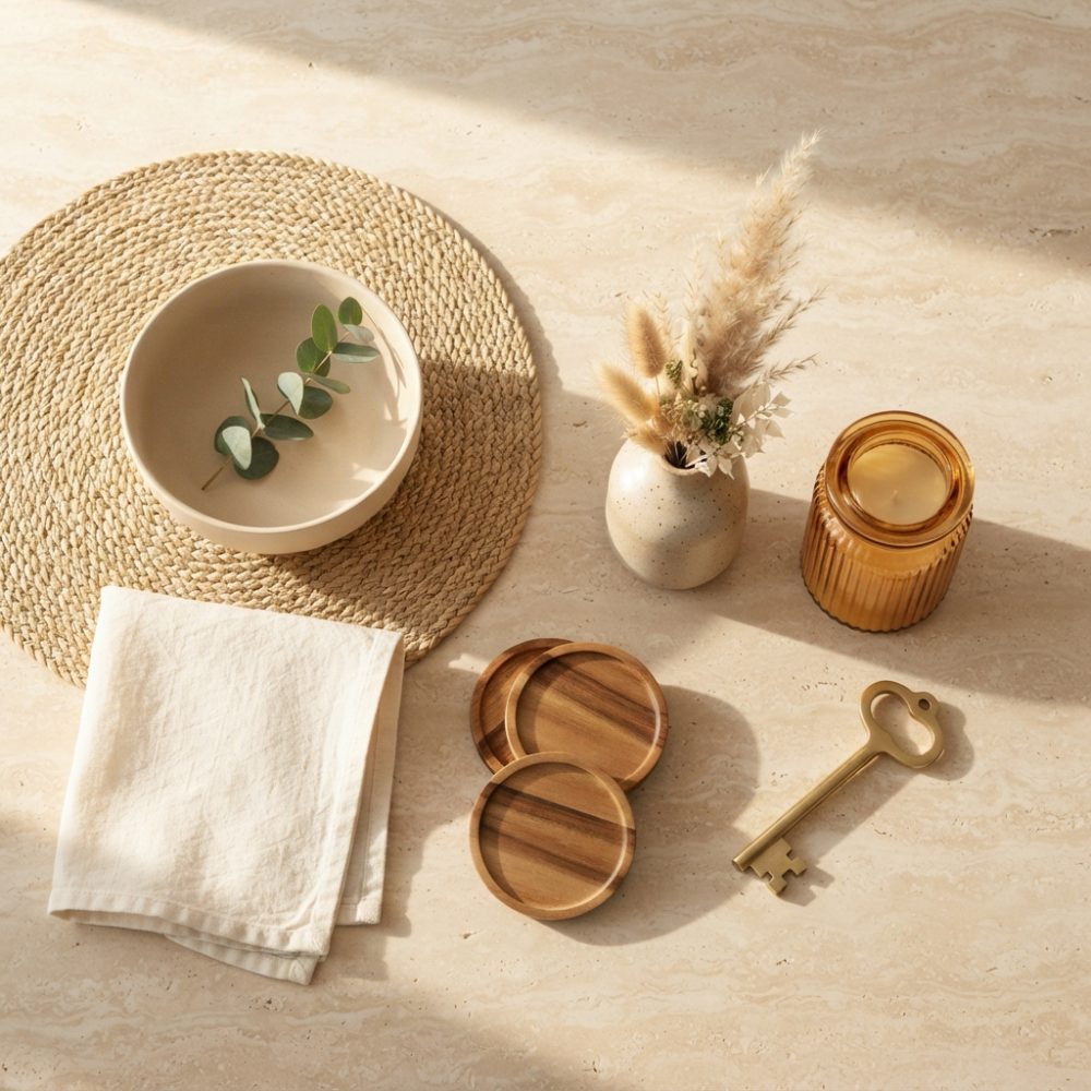 Conjunto decorativo com tigela, ramo seco, tabuleiros de madeira, vela âmbar e chave dourada