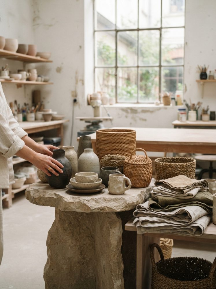 Mesa rústica com cerâmicas, cestos de vime e tecidos naturais em ateliê iluminado