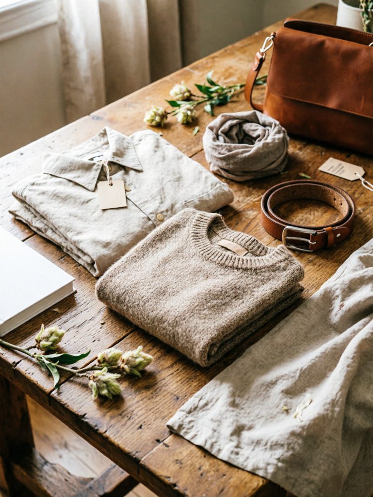 Roupas e acessórios neutros sobre mesa de madeira com flores decorativas