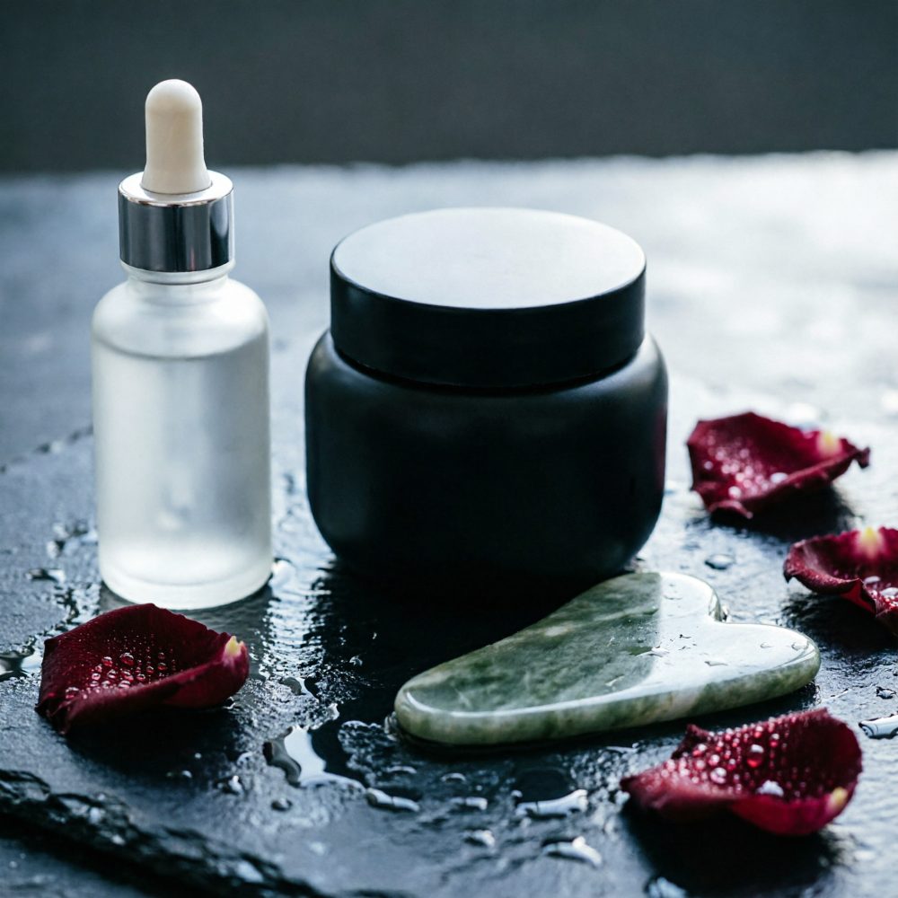 Frasco de óleo, pote de creme e pedra gua sha com pétalas de rosa vermelha numa base escura molhada
