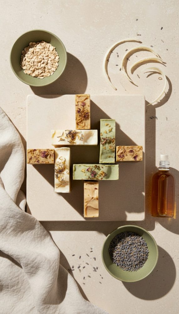 Sabonetes artesanais com flores secas sobre base com ingredientes naturais ao redor