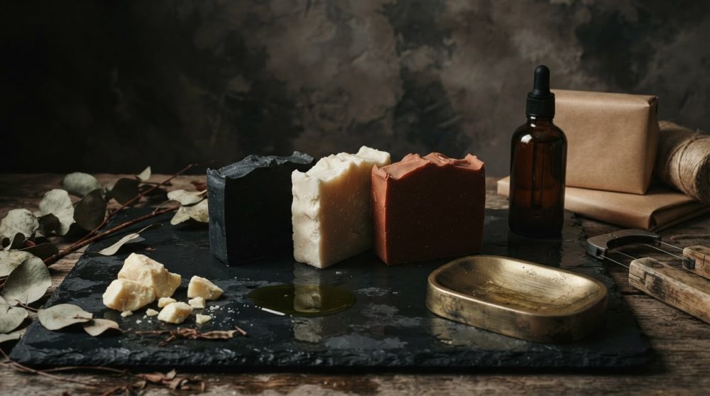Três sabonetes artesanais em preto, branco e terracota com óleo essencial e folhas secas sobre base preta rústica