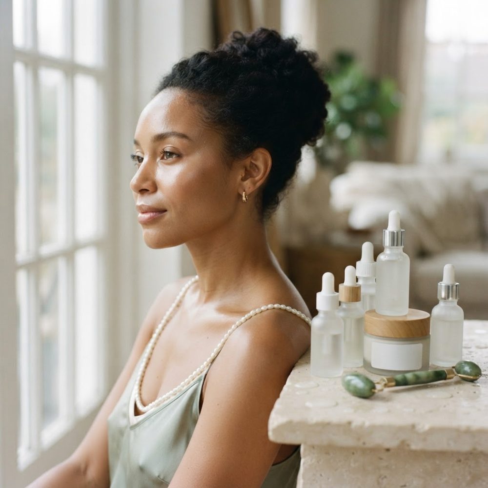 Mulher olhando pela janela com produtos de skincare e rolo de jade ao lado