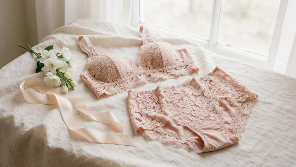 Conjunto de lingerie em renda nude composto por soutien e cueca com detalhes delicados sobre tecido branco