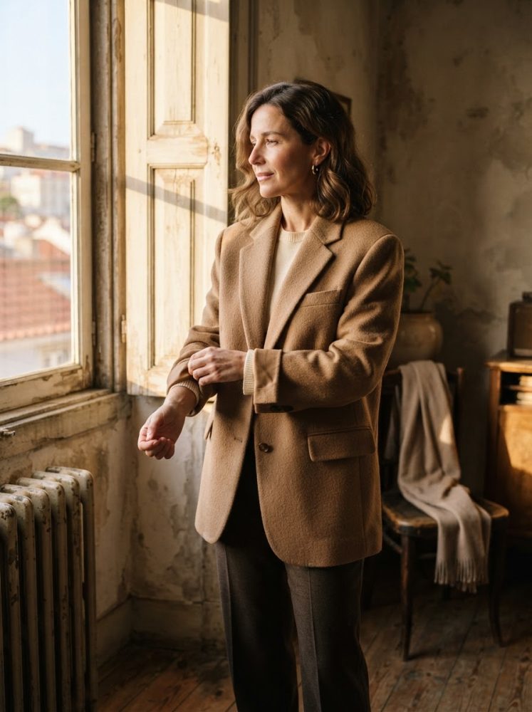 Mulher com blazer camel em ambiente vintage junto a janela com luz natural