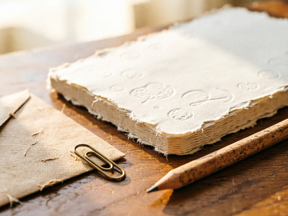 Papel artesanal com textura, envelope rústico, clipe metálico e lápis de cortiça sobre mesa de madeira