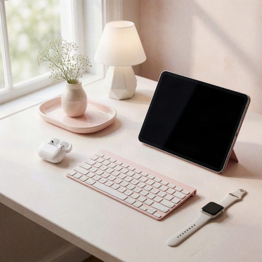 Mesa limpa com tablet, teclado rosa, auriculares e smartwatch em ambiente iluminado naturalmente