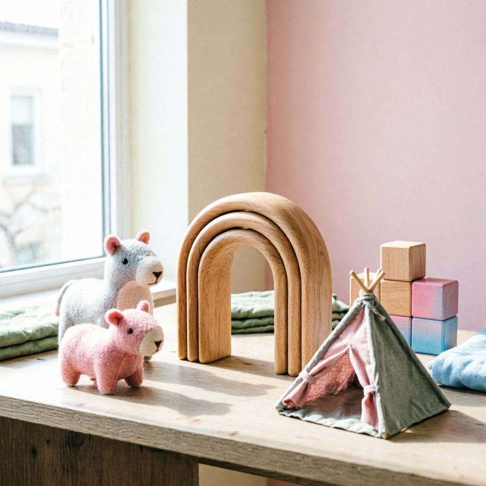 Conjunto de brinquedos de madeira e peluche junto a janela com luz natural