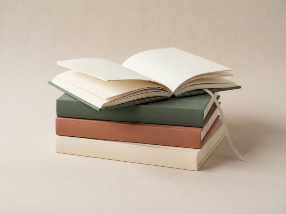 Livros empilhados com capas verdes, castanhas e bege, com o livro superior aberto exibindo páginas em branco