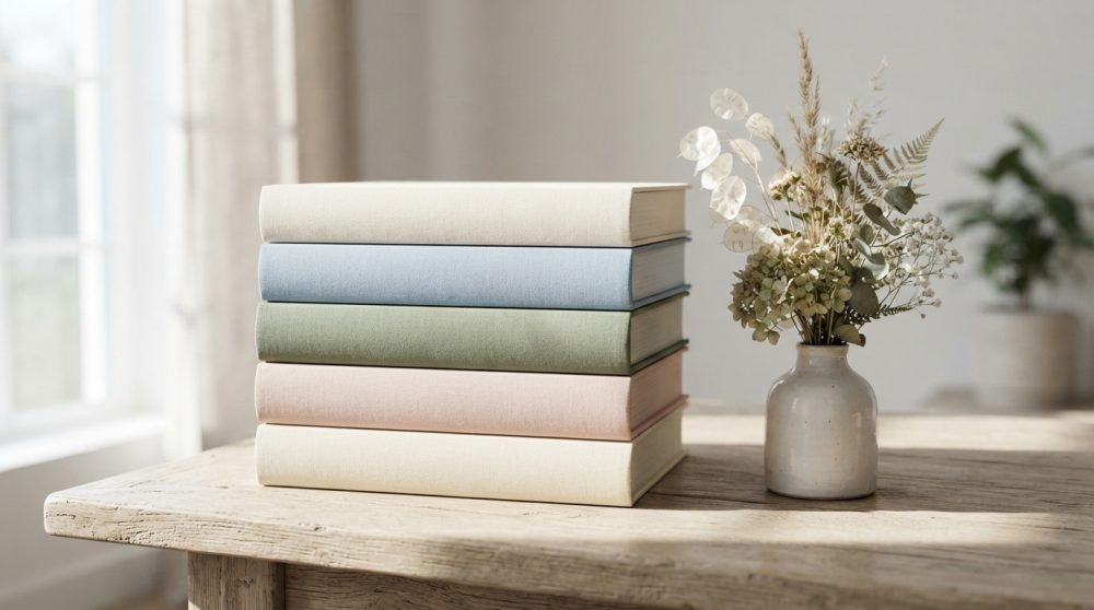 Livro empilhado em tons pastel com vaso de flores secas numa mesa de madeira clara