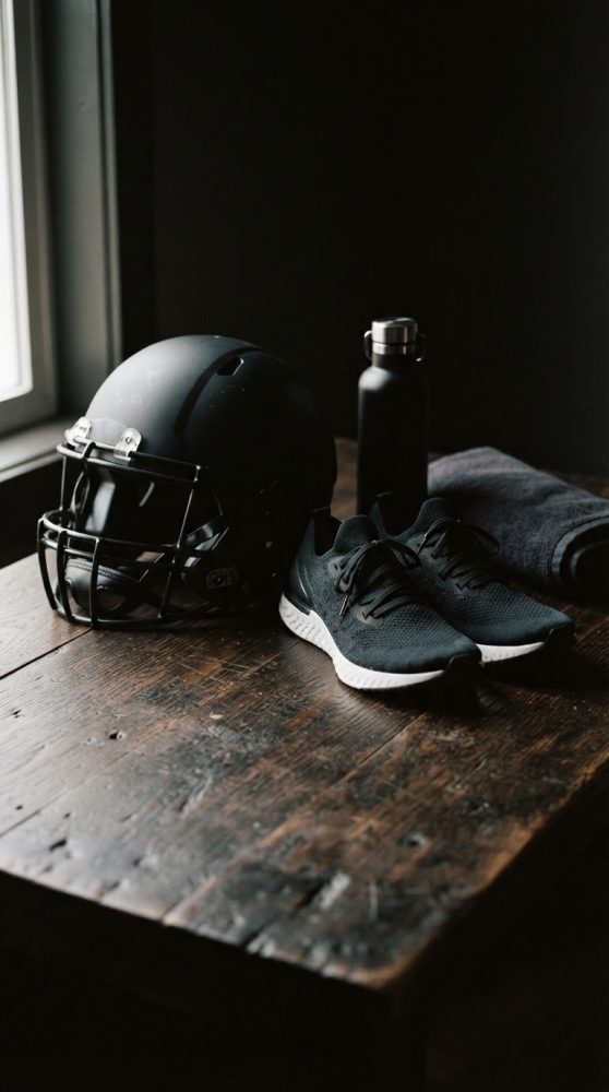 Equipamento desportivo negro com ténis, capacete, garrafa de água e toalha sobre mesa de madeira