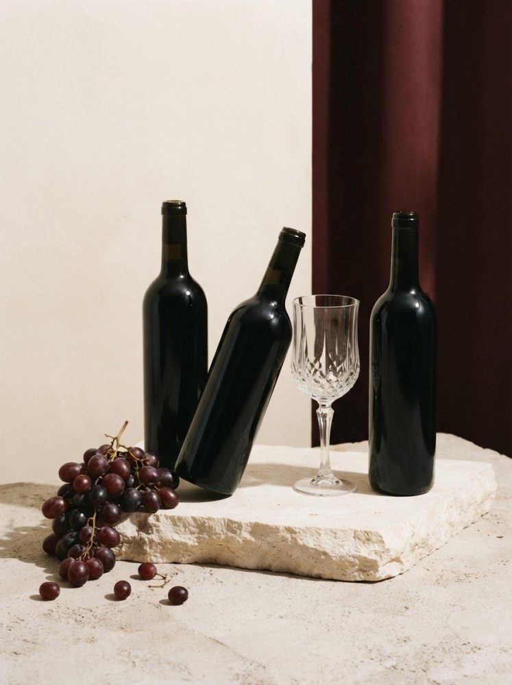 Três garrafas de vinho tinto, taça de cristal e cachos de uvas sobre pedra clara