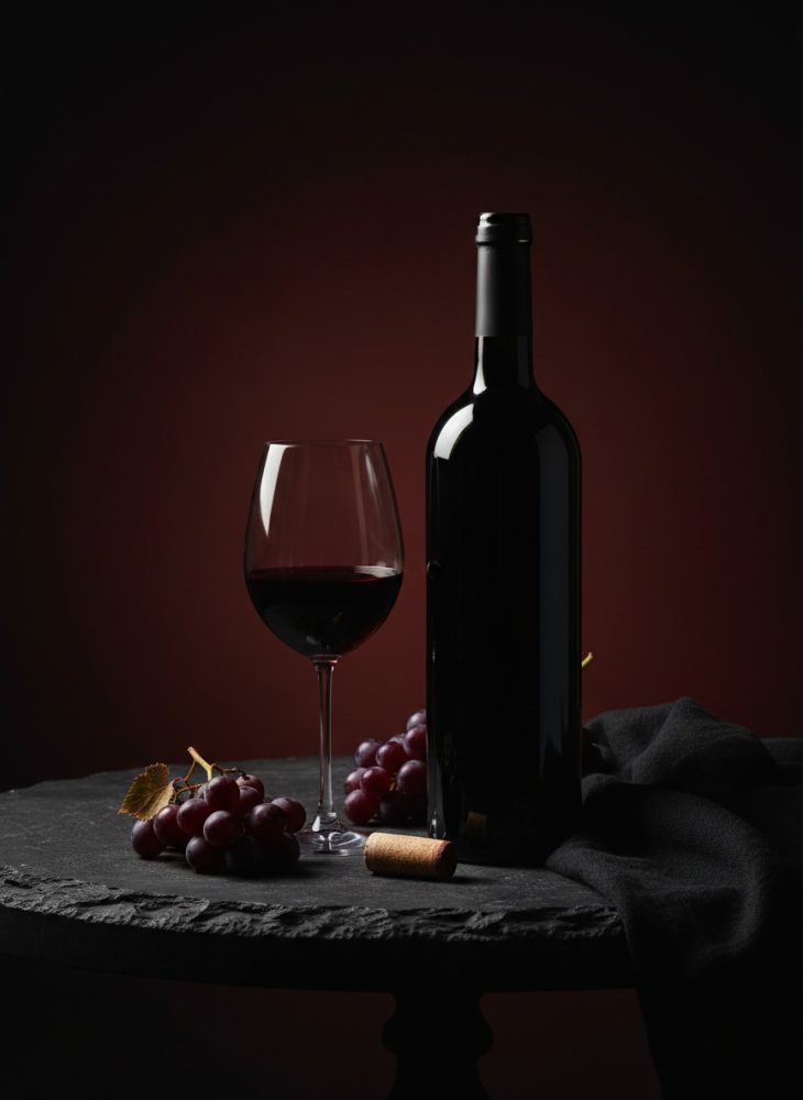 Garrafa de vinho tinto, taça com vinho, cachos de uva e rolha sobre mesa escura