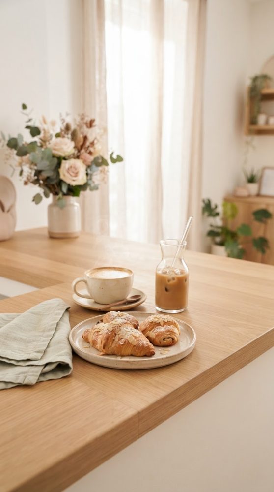 Pequeno-almoço com café quente e frio, croissants com amêndoas e flores em balcão de madeira clara
