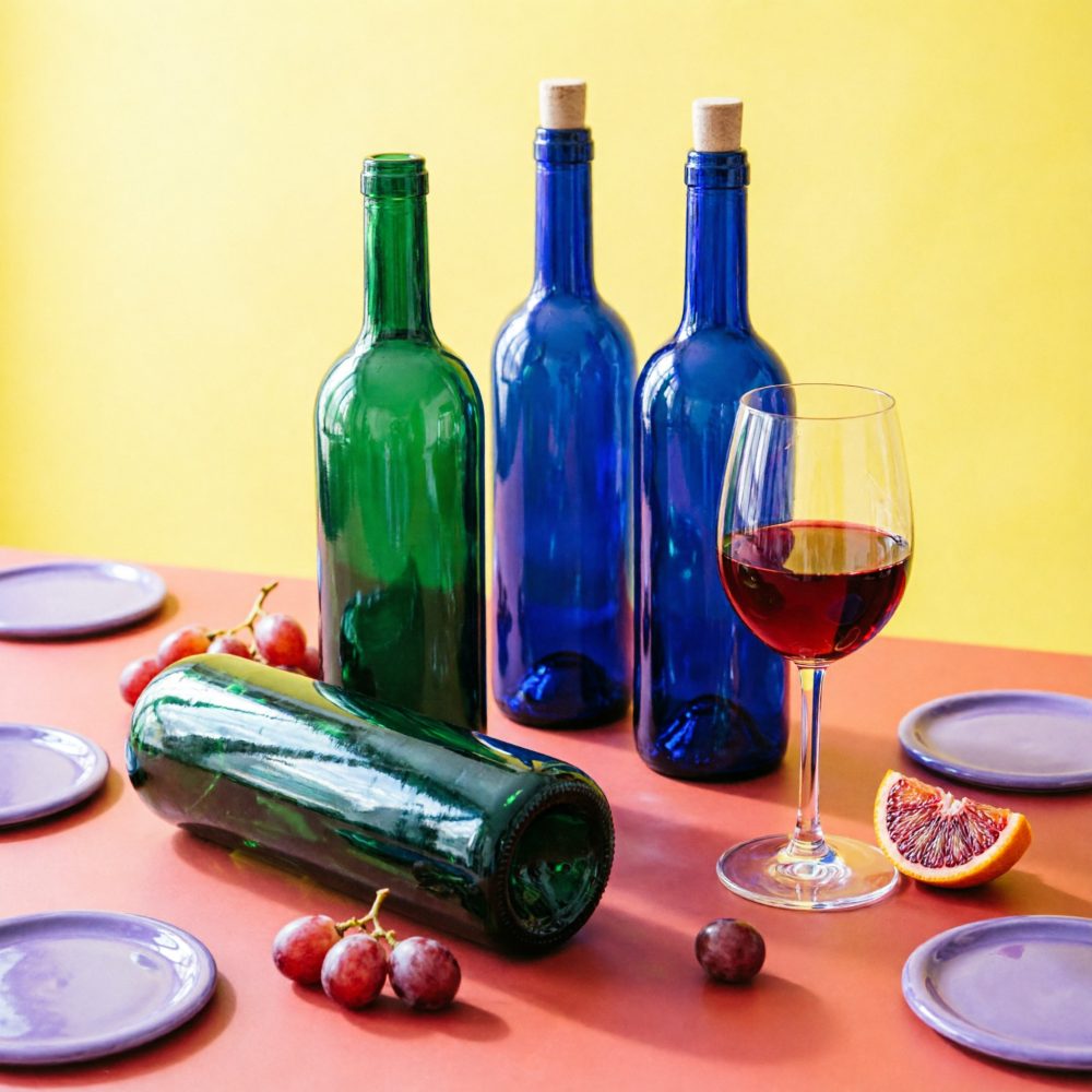Garrafa e copo de vinho tinto com uvas e fatia de laranja sobre mesa colorida com pratos lilases
