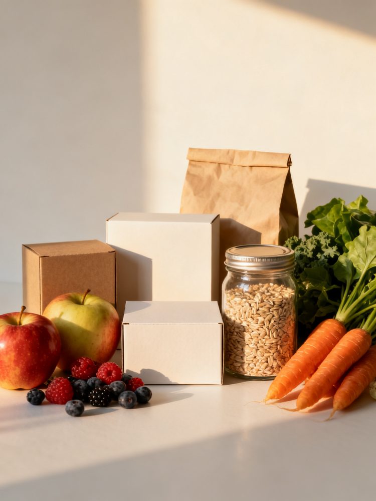 Frutas, legumes frescos e embalagens de papel e vidro para alimentação sustentável.