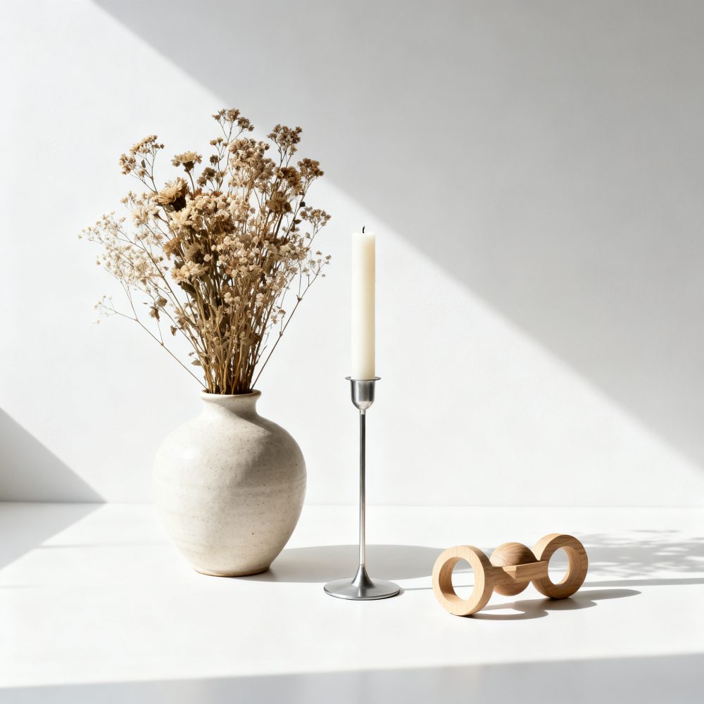 Vaso cerâmico com flores secas, castiçal metálico com vela branca e objeto decorativo de madeira sobre mesa branca