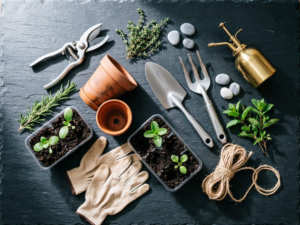Ferramentas e acessórios para jardinagem com plantinhas, vasos de barro, luvas e regador sobre fundo escuro