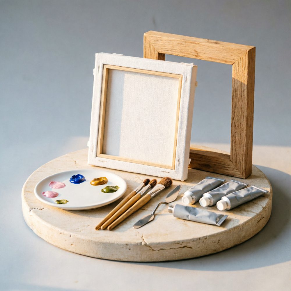 Kit de pintura com pincéis, tela em branco, paleta com tintas e tubos de tinta sobre base de pedra
