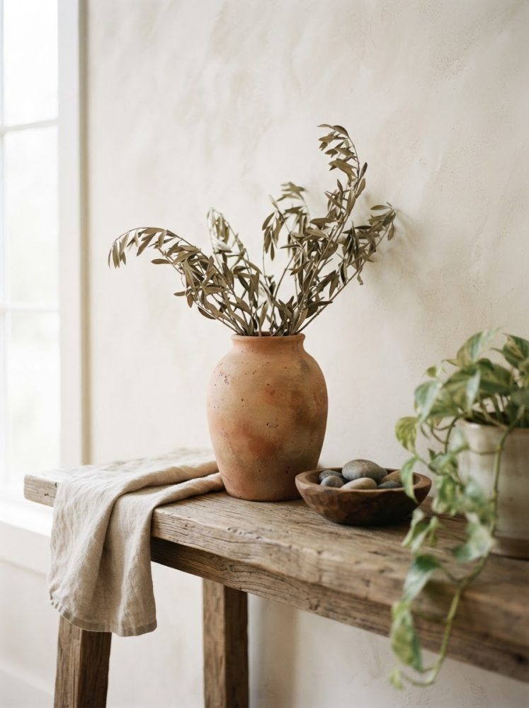 Vaso de terracota com folhagem seca numa mesa rústica de madeira com planta verde e tigela de pedras