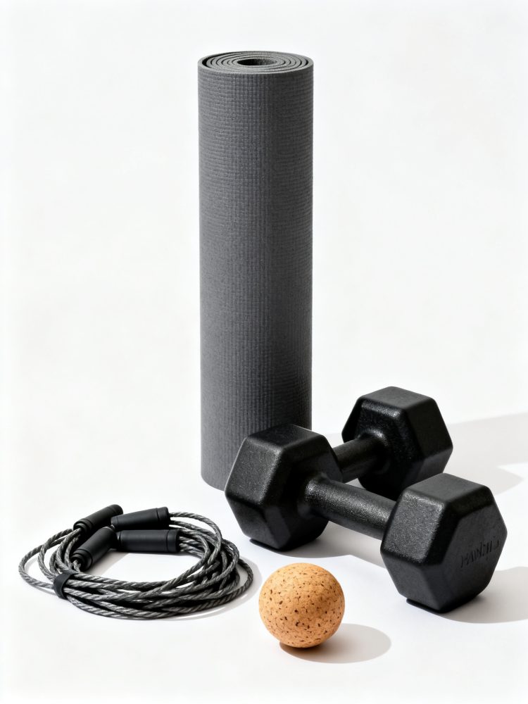 Equipamento de fitness com tapete de yoga, halteres, corda de pular e bola de massagem