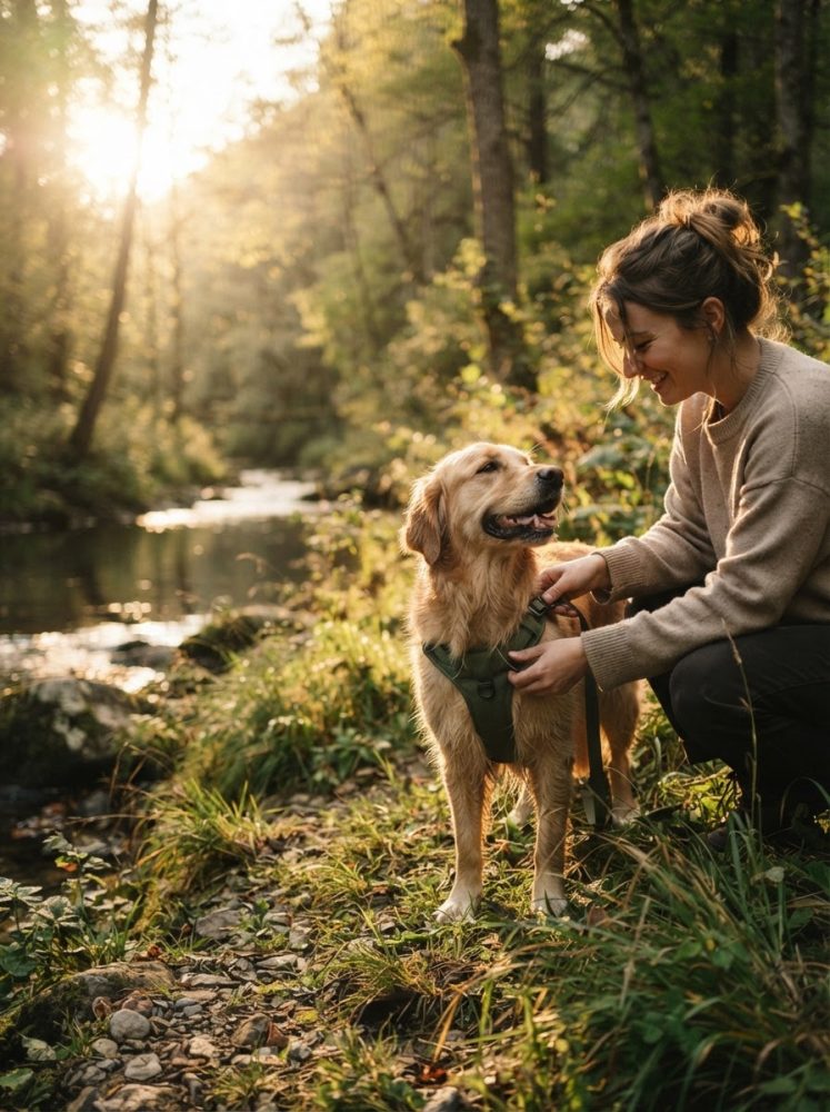 Mulher a colocar arnês em cão Golden Retriever junto a ribeiro numa floresta ensolarada