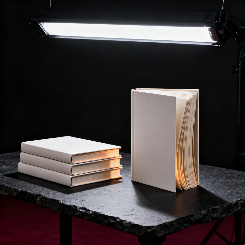 Livros com capas brancas, três empilhados e um aberto, sobre mesa preta sob luz forte