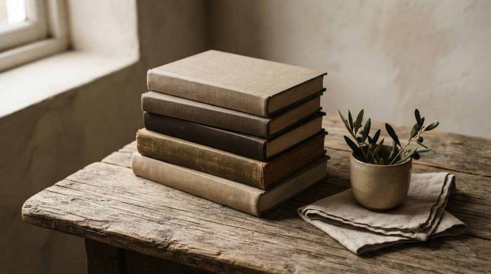 Pilhas de livros antigos sobre mesa de madeira com vaso de planta verde e pano dobrado