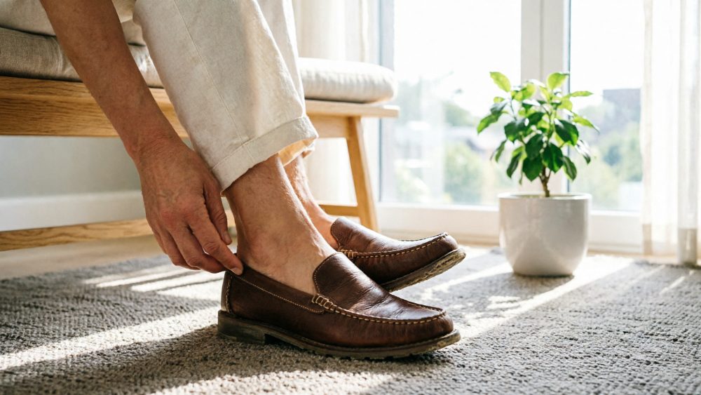 Pessoa a calçar sapatos mocassins castanhos em ambiente interior com luz natural e planta