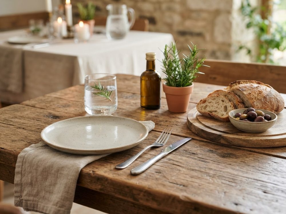 Mesa rústica posta com prato vazio, copo com alecrim, pão cortado e azeitonas em ambiente natural