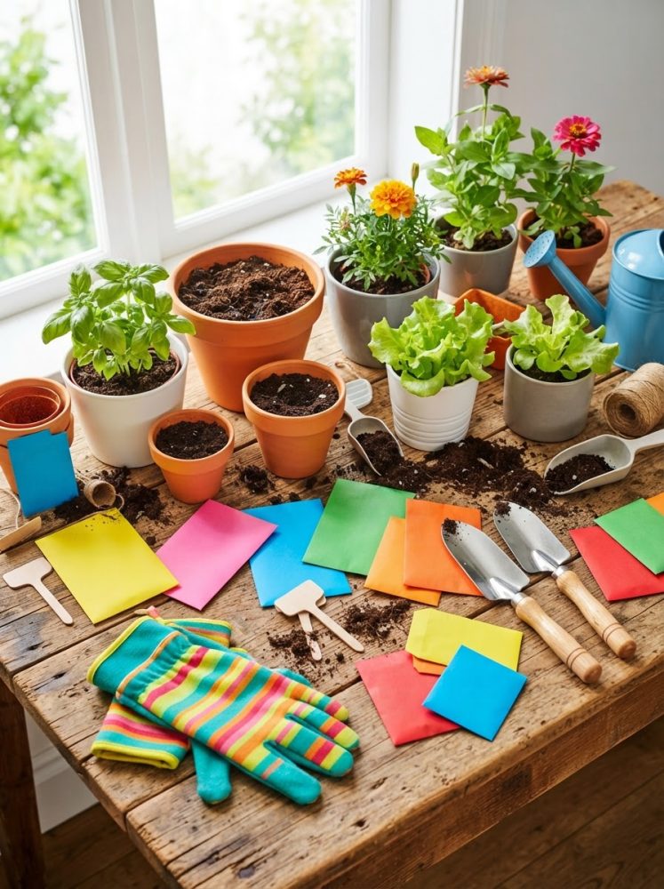 Mesa de madeira com vasos de plantas, ferramentas de jardinagem, luvas e pacotes coloridos de sementes perto de janela