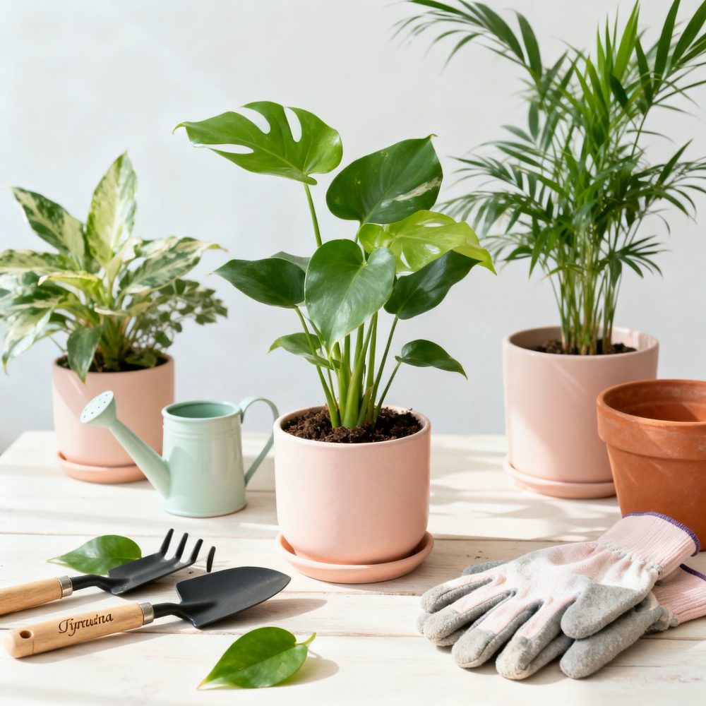 Plantas verdes em vasos rosa e terracota com ferramentas e luvas de jardinagem sobre mesa clara