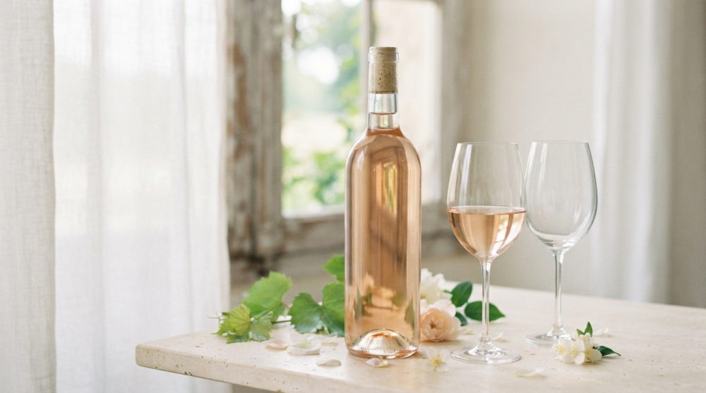 Garrafa de vinho rosé com dois copos e flores sobre mesa iluminada por luz natural