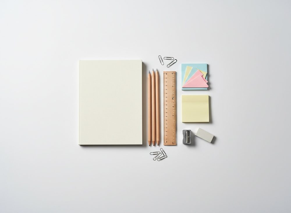 Bloco de notas branco, lápis, régua, clips, post-its coloridos e acessórios de papelaria organizados