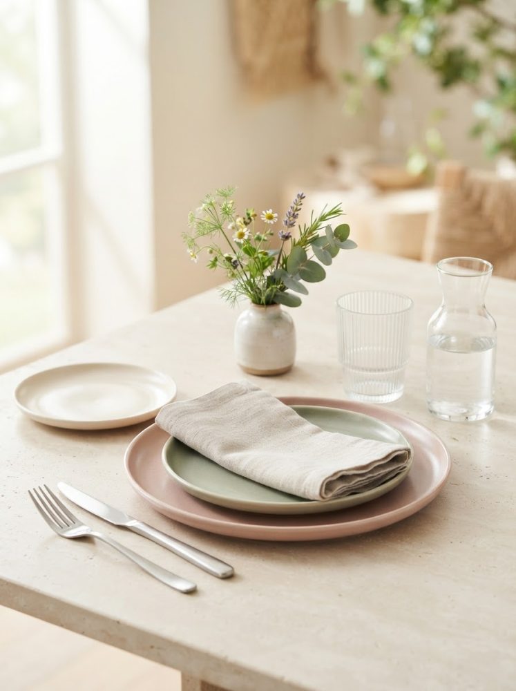 Mesa posta minimalista com pratos cerâmicos, talheres, guardanapo e arranjo floral num ambiente iluminado